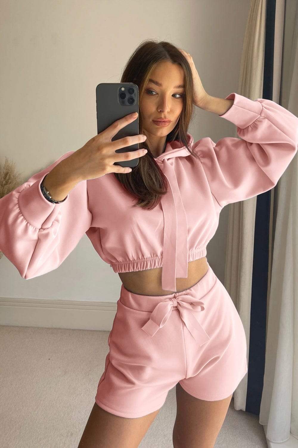 Drawstring Long Sleeve Hooded Top and Shorts Set - Trendsi - Flyclothing LLC