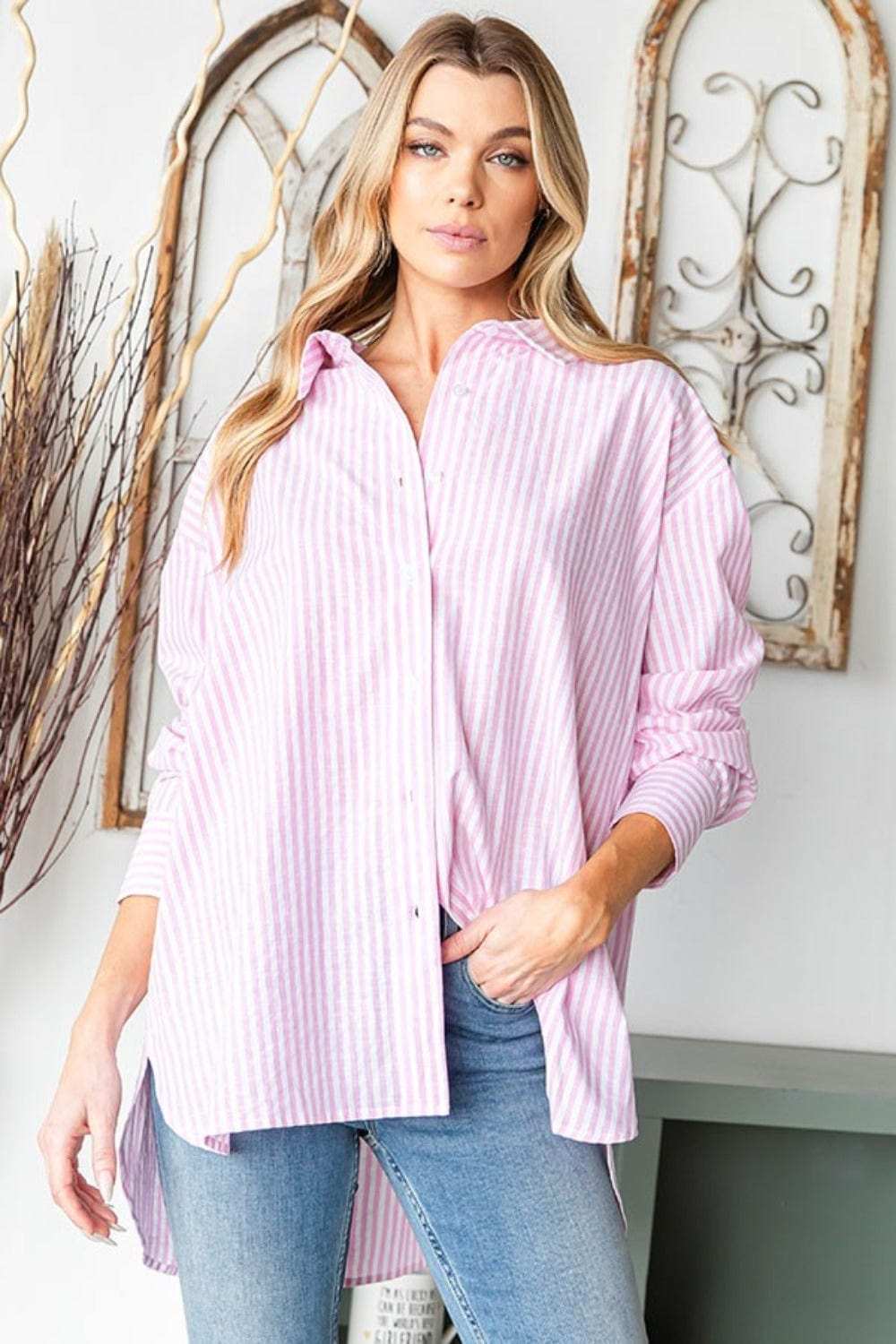 First Love Full Size Striped Button Down High-Low Hem Shirt - Trendsi - Flyclothing LLC