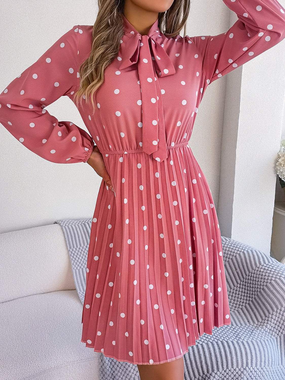 Polka Dot Tie Neck Pleated Dress - Trendsi - Flyclothing LLC