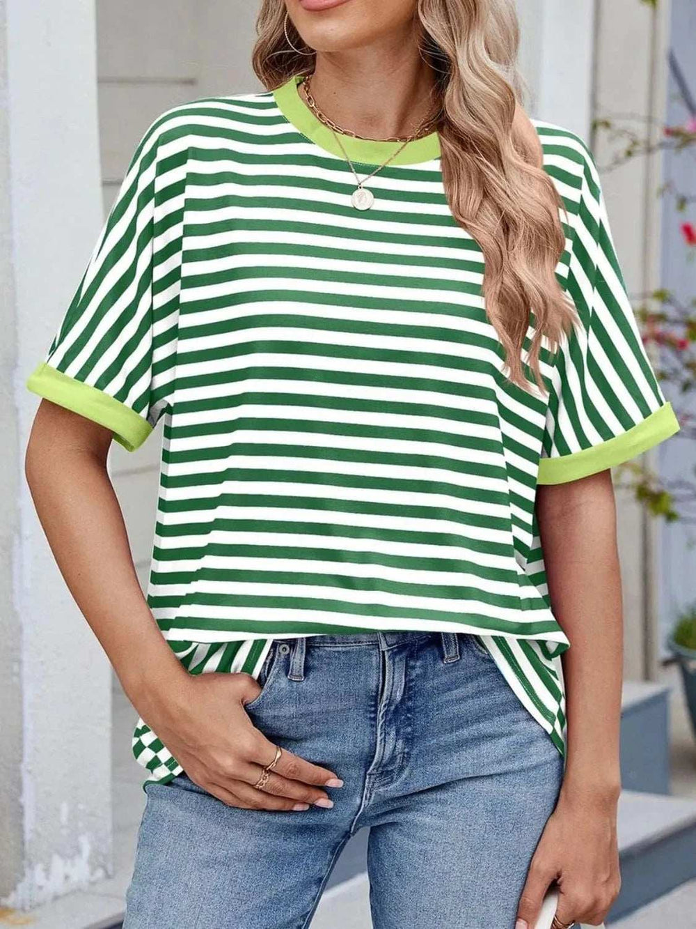 Striped Round Neck Half Sleeve T-Shirt - Trendsi - Flyclothing LLC