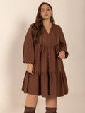 Plus Size Tie Neck Balloon Sleeve Tiered Dress - Trendsi