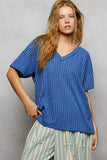 POL Ribbed Knit V-Neck Short Sleeve T-Shirt with Side Slit - Trendsi - Flyclothing LLC