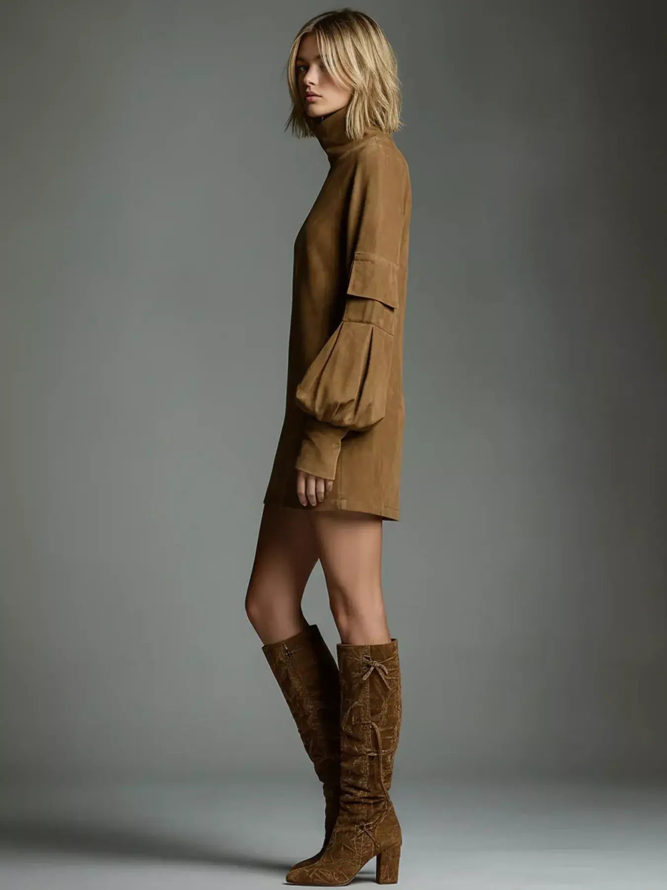 Full Size Suede Turtleneck Lantern Sleeve Mini Dress Plus Size - Trendsi - Flyclothing LLC
