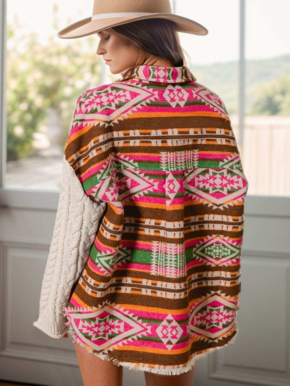 Geometric Collared Neck Long Sleeve Jacket - Trendsi - Flyclothing LLC