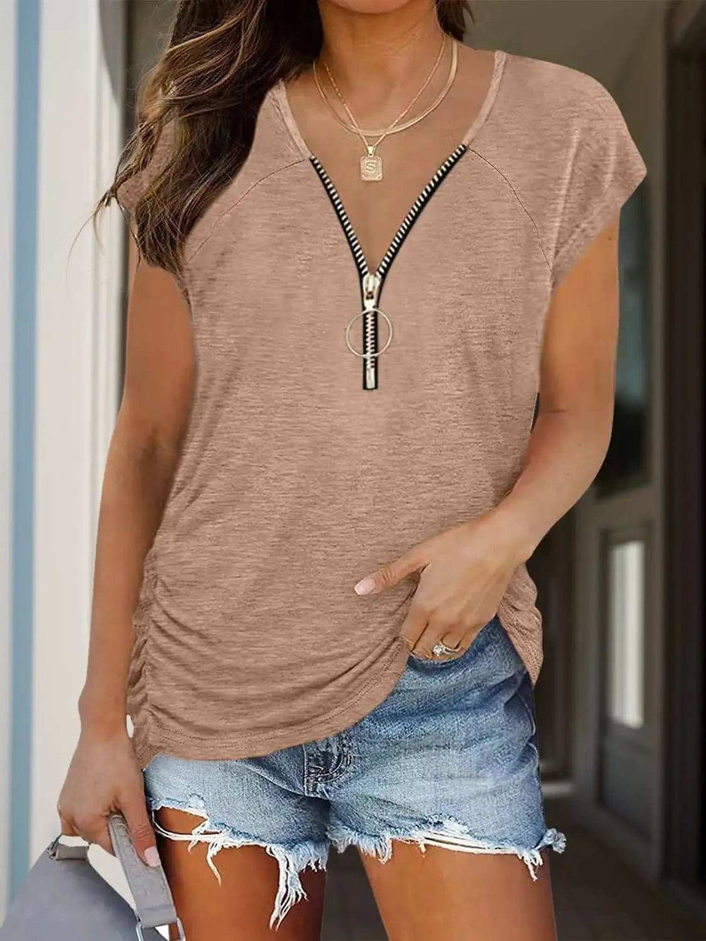 Full Size Half Zip Cap Sleeve T-Shirt - Trendsi - Flyclothing LLC