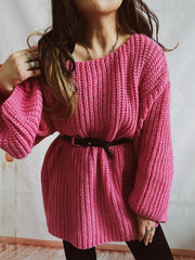 Boat Neck Long Sleeve Sweater with Belt - Trendsi