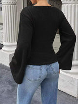 Ribbed Flare Sleeve Top with Ruched Detail - Trendsi - Flyclothing LLC