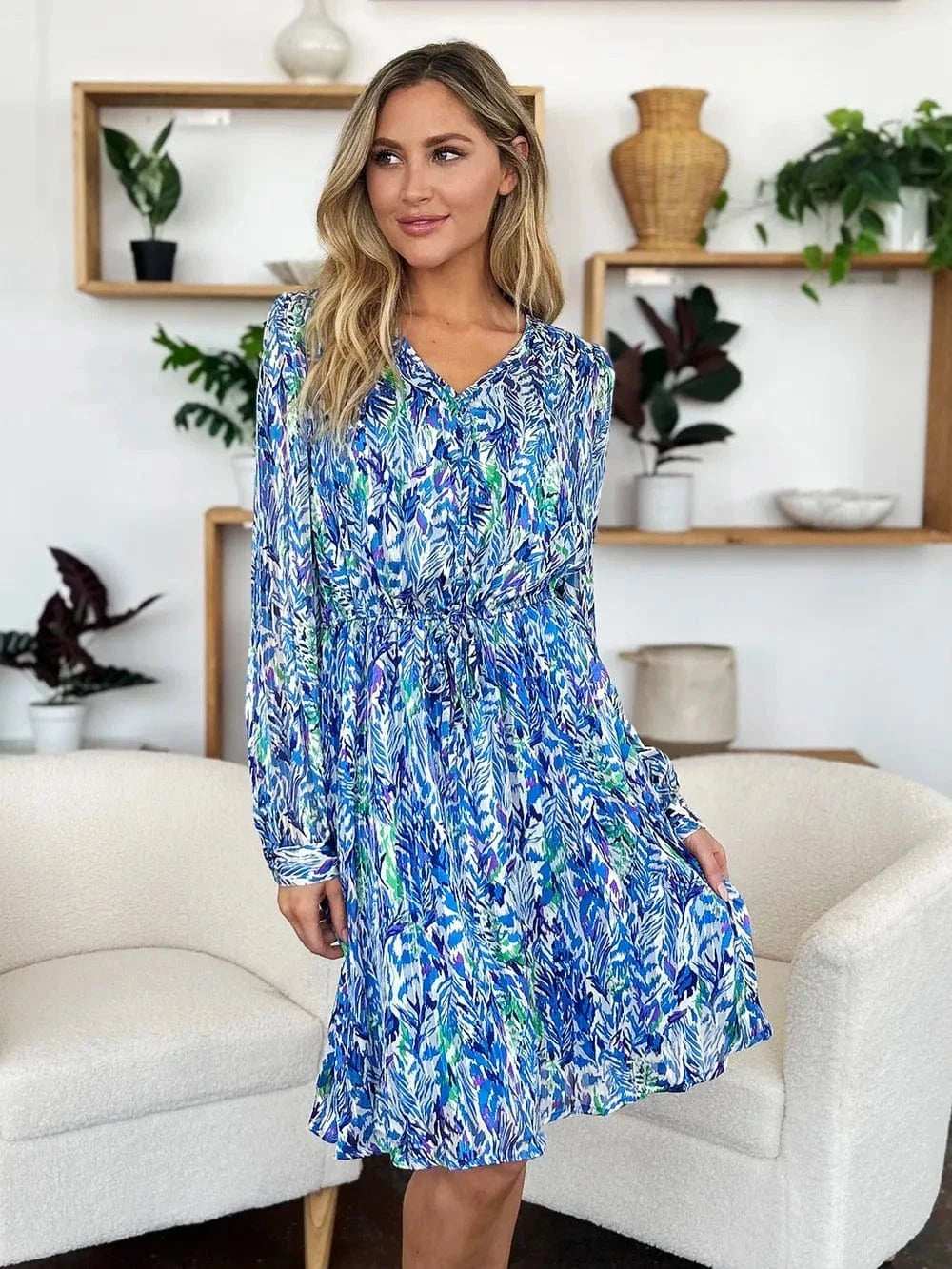Double Take Full Size Printed Drawstring Waist Long Sleeve Dress - Trendsi - Flyclothing LLC