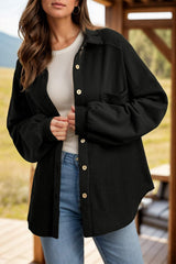 Waffle-Knit Collared Neck Long Sleeve Shacket - Trendsi - Flyclothing LLC