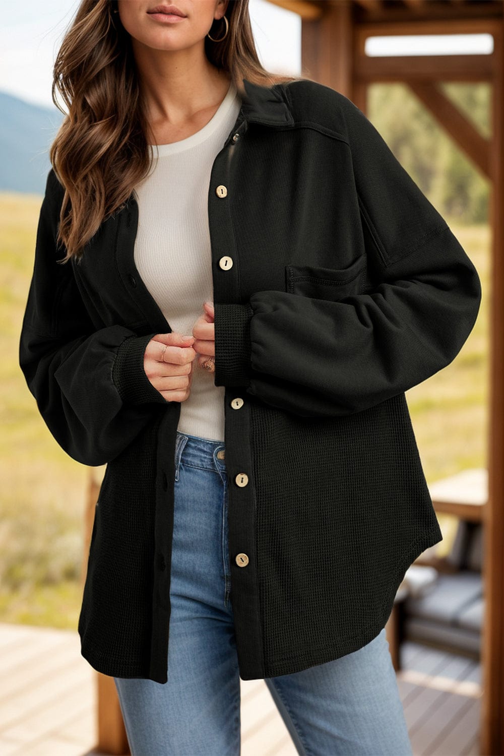 Waffle-Knit Collared Neck Long Sleeve Shacket - Trendsi