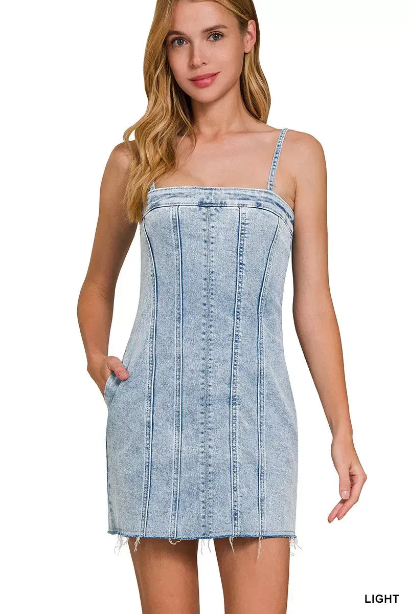 Zenana Spaghetti Strap Exposed Seam Light-Wash Dress - Trendsi - Flyclothing LLC