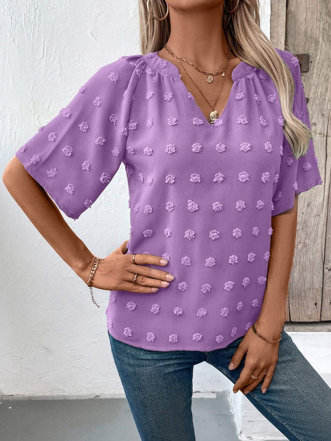 Swiss Dot Notched Half Sleeve Blouse - Trendsi - Flyclothing LLC