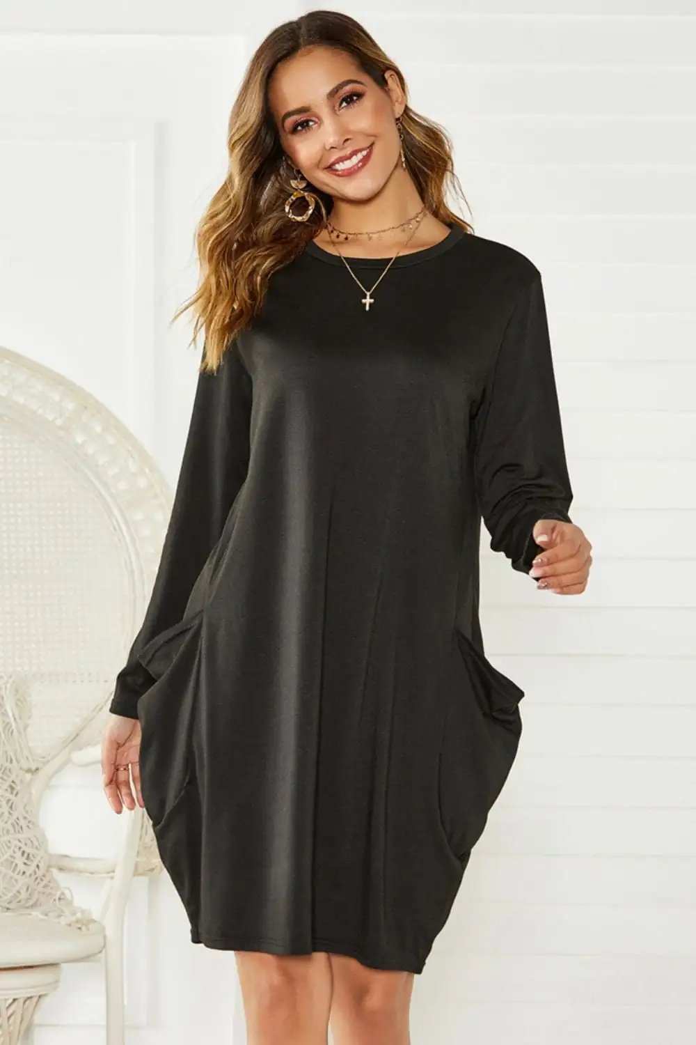 Pocketed Round Neck Long Sleeve Dress - Trendsi - Flyclothing LLC