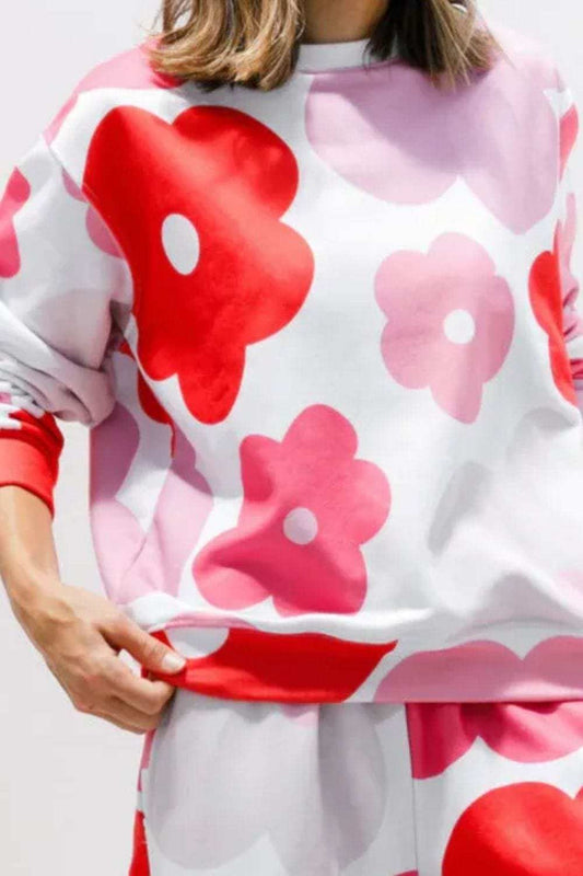 Flower Round Neck Long Sleeve Top and Pants Lounge Set - Trendsi - Flyclothing LLC