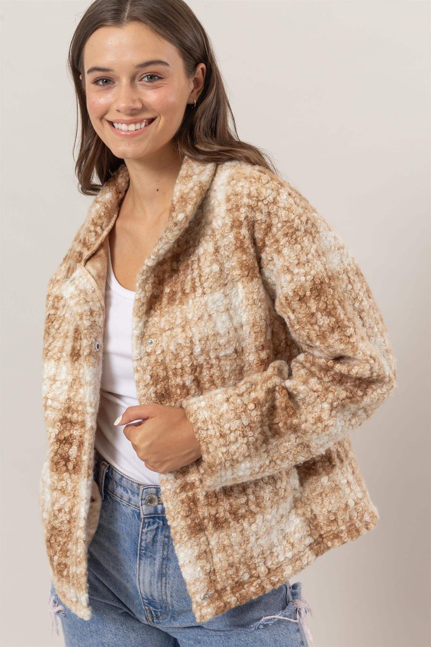 HYFVE Plaid Collared Neck Boucle Jacket with Pockets - Trendsi - Flyclothing LLC