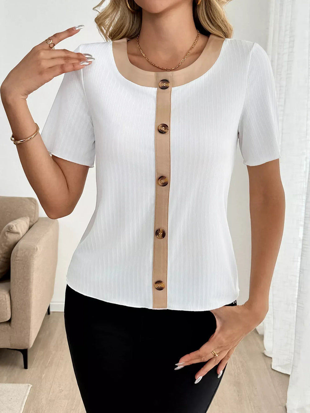 Decor Button Round Neck Short Sleeve Blouse - Trendsi - Flyclothing LLC
