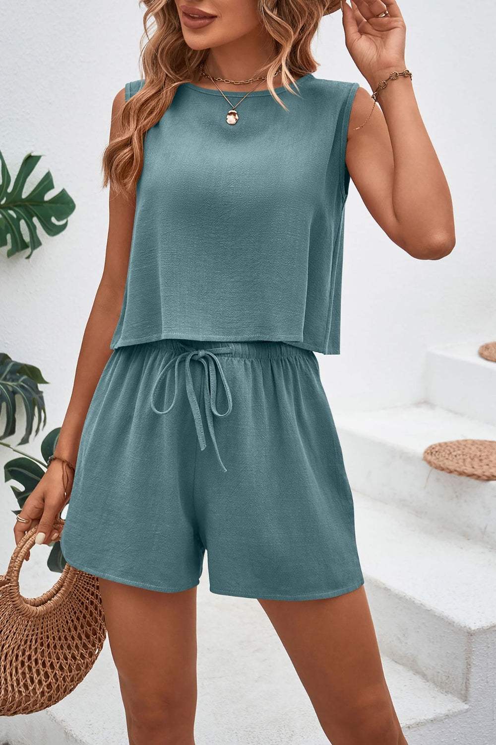 Round Neck Top and Drawstring Shorts Set - Trendsi - Flyclothing LLC
