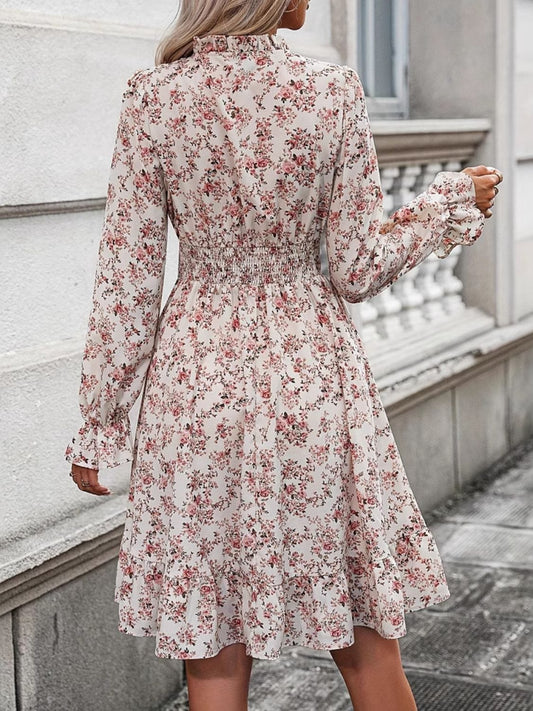 Ruffle Hem Floral Surplice Long Sleeve Dress - Trendsi