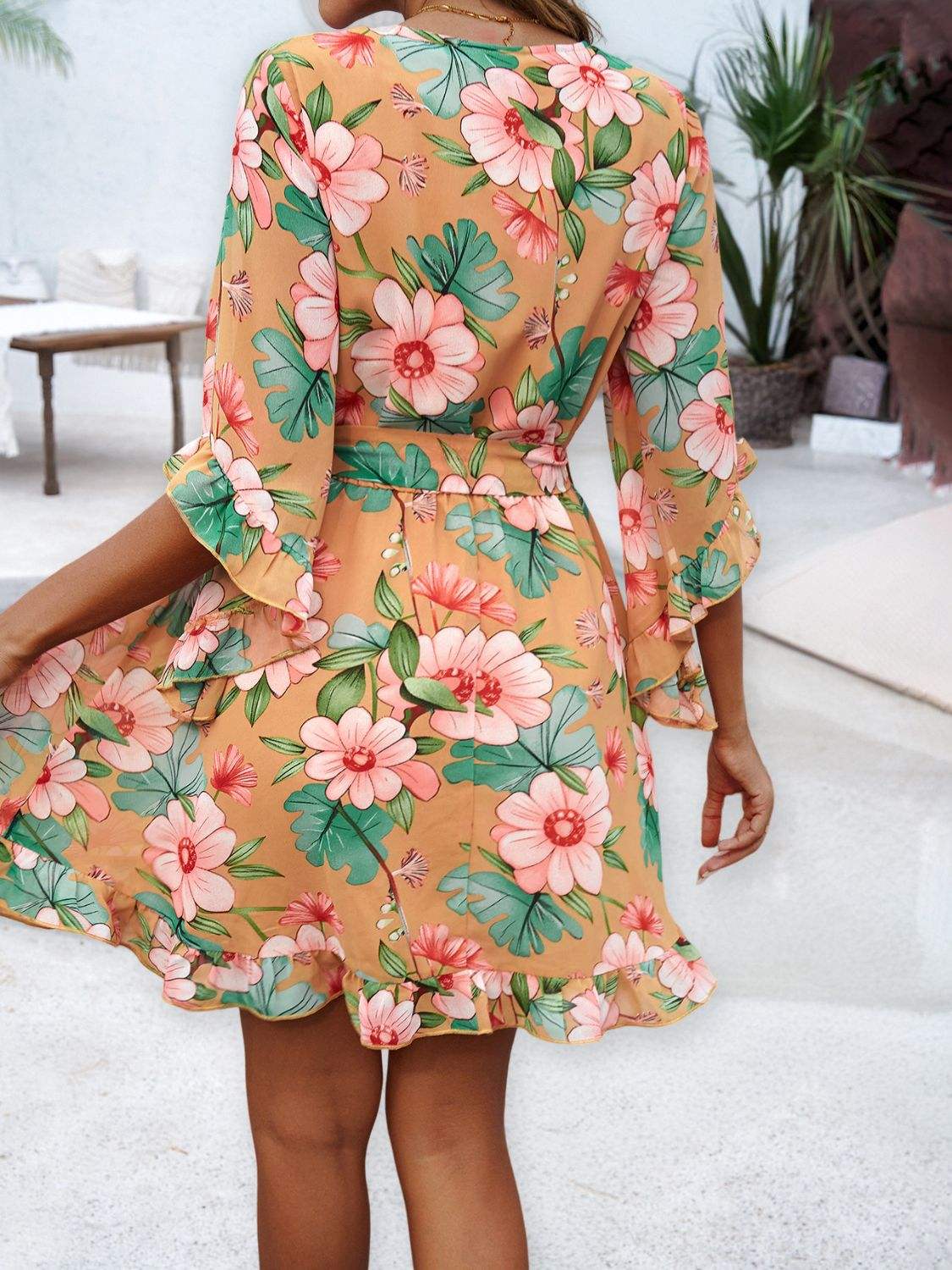 Ruffled Printed Surplice Half Sleeve Mini Dress - Trendsi - Flyclothing LLC
