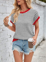 Lovelet Striped Round Neck Cap Sleeve Sweater - Trendsi - Flyclothing LLC