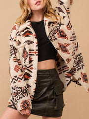 Geometric Button Up Long Sleeve Sherpa Jacket - Trendsi
