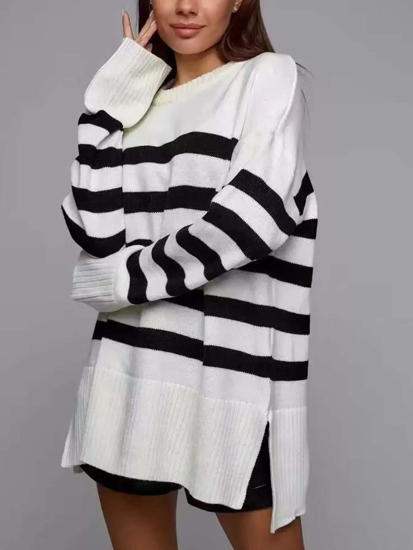 Side Slit Striped Oversized Knit Sweater - Trendsi - Flyclothing LLC
