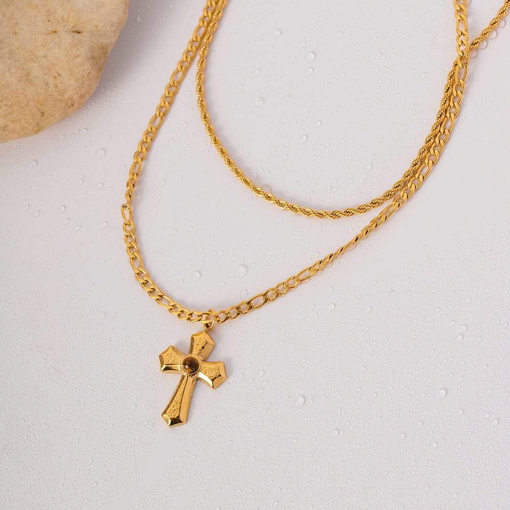 18K Gold-Plated Double Layered Cross Necklace - Trendsi - Flyclothing LLC