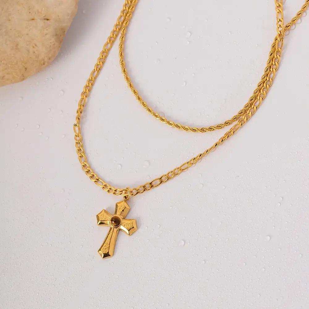 18K Gold-Plated Double Layered Cross Necklace - Trendsi - Flyclothing LLC