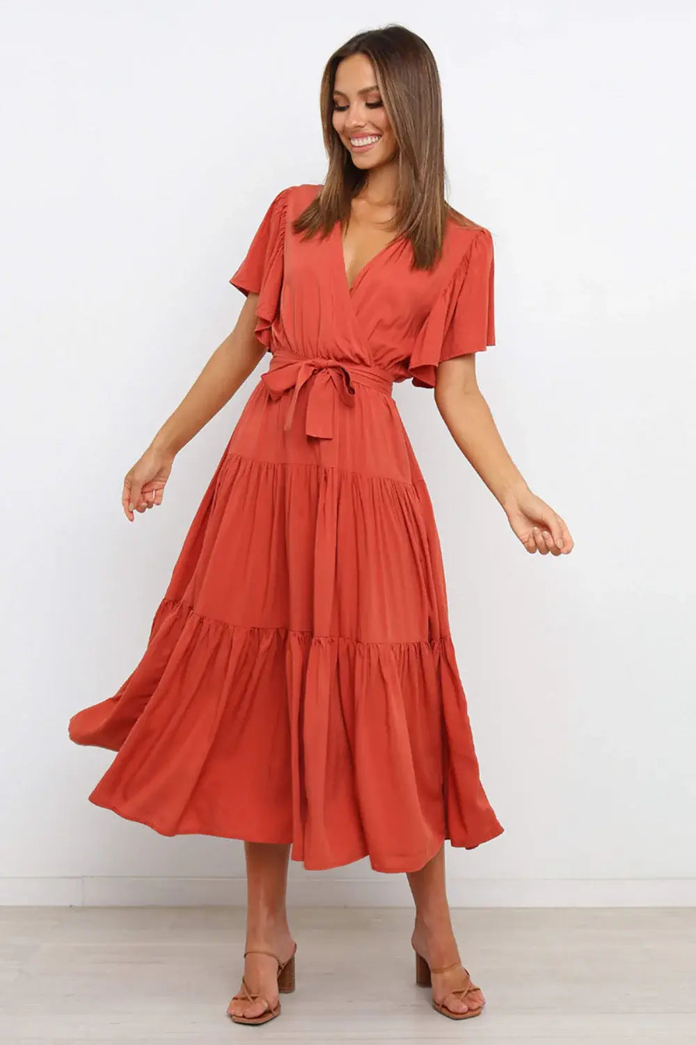 Tied Tiered Short Sleeve Midi Dress - Trendsi - Flyclothing LLC