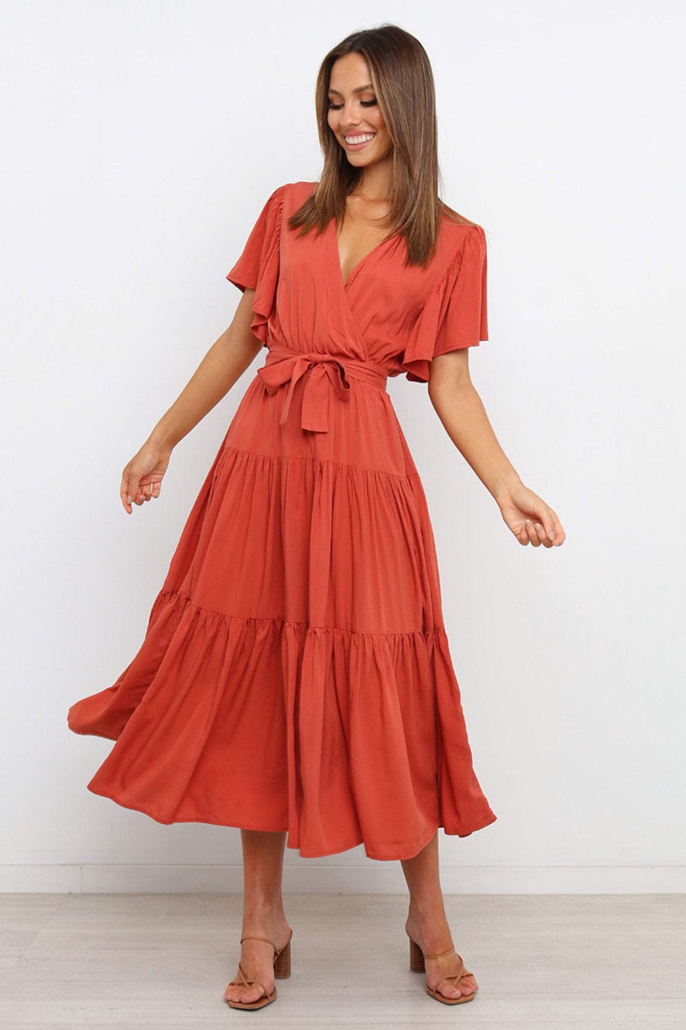 Tied Tiered Short Sleeve Midi Dress - Trendsi