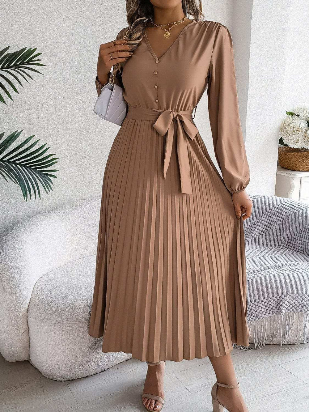 Pleated Tied V-Neck Long Sleeve Dress - Trendsi - Flyclothing LLC