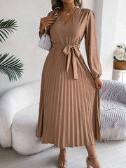 Pleated Tied V-Neck Long Sleeve Dress - Trendsi