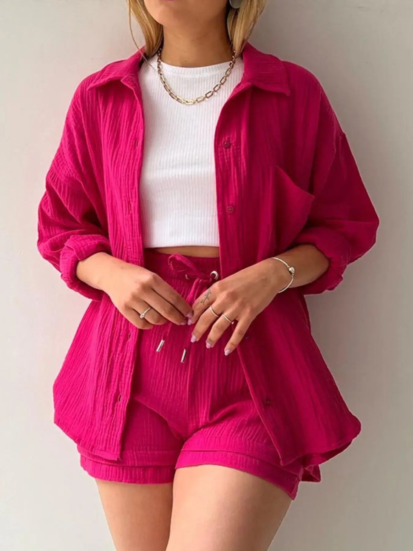 Textured Button Up Shirt and Shorts Set - Trendsi - Flyclothing LLC