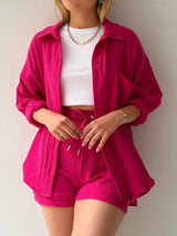 Textured Button Up Shirt and Shorts Set - Trendsi - Flyclothing LLC