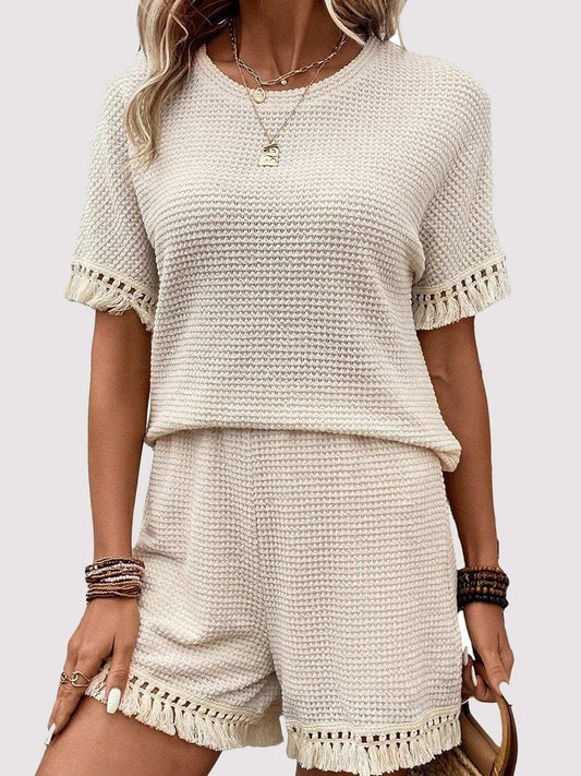 Tassel Round Neck Top and Shorts Set - Trendsi - Flyclothing LLC