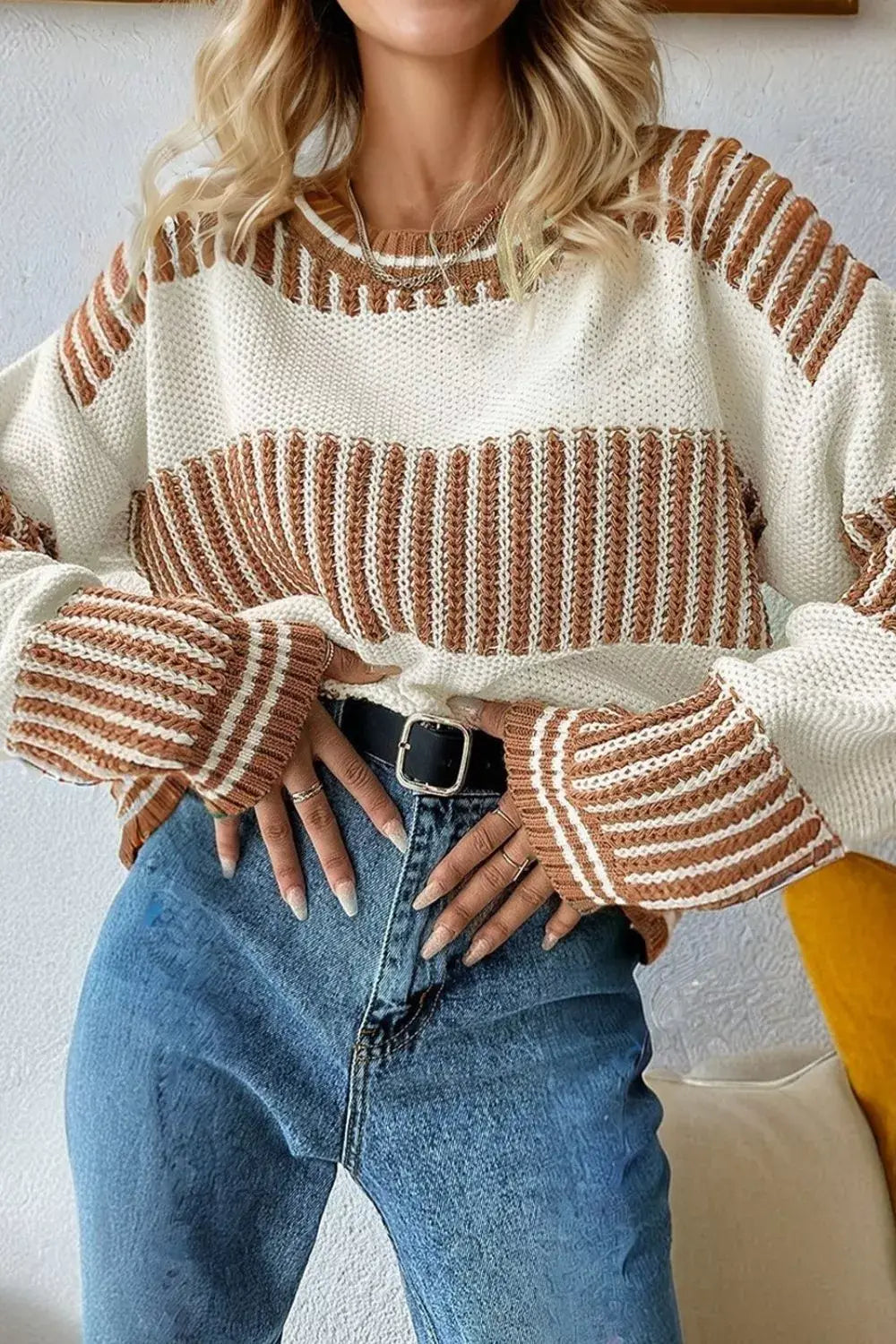 Striped Knit Long Sleeve Sweater - Trendsi - Flyclothing LLC