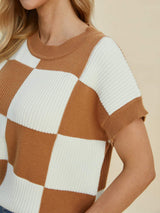 Double Take Full Size Checkered Round Neck Short Sleeve Sweater - Trendsi - Flyclothing LLC