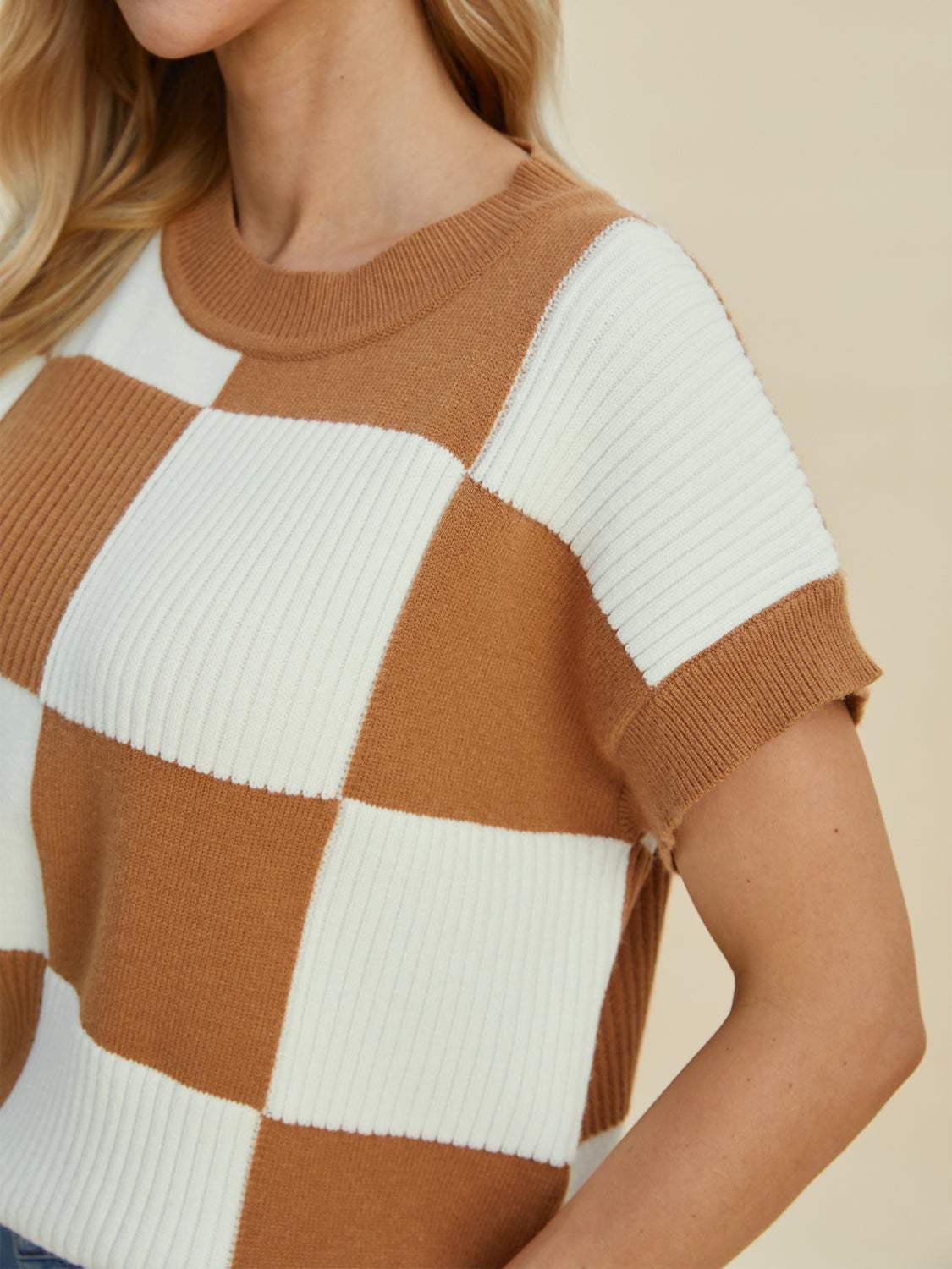 Double Take Full Size Checkered Round Neck Short Sleeve Sweater - Trendsi - Flyclothing LLC