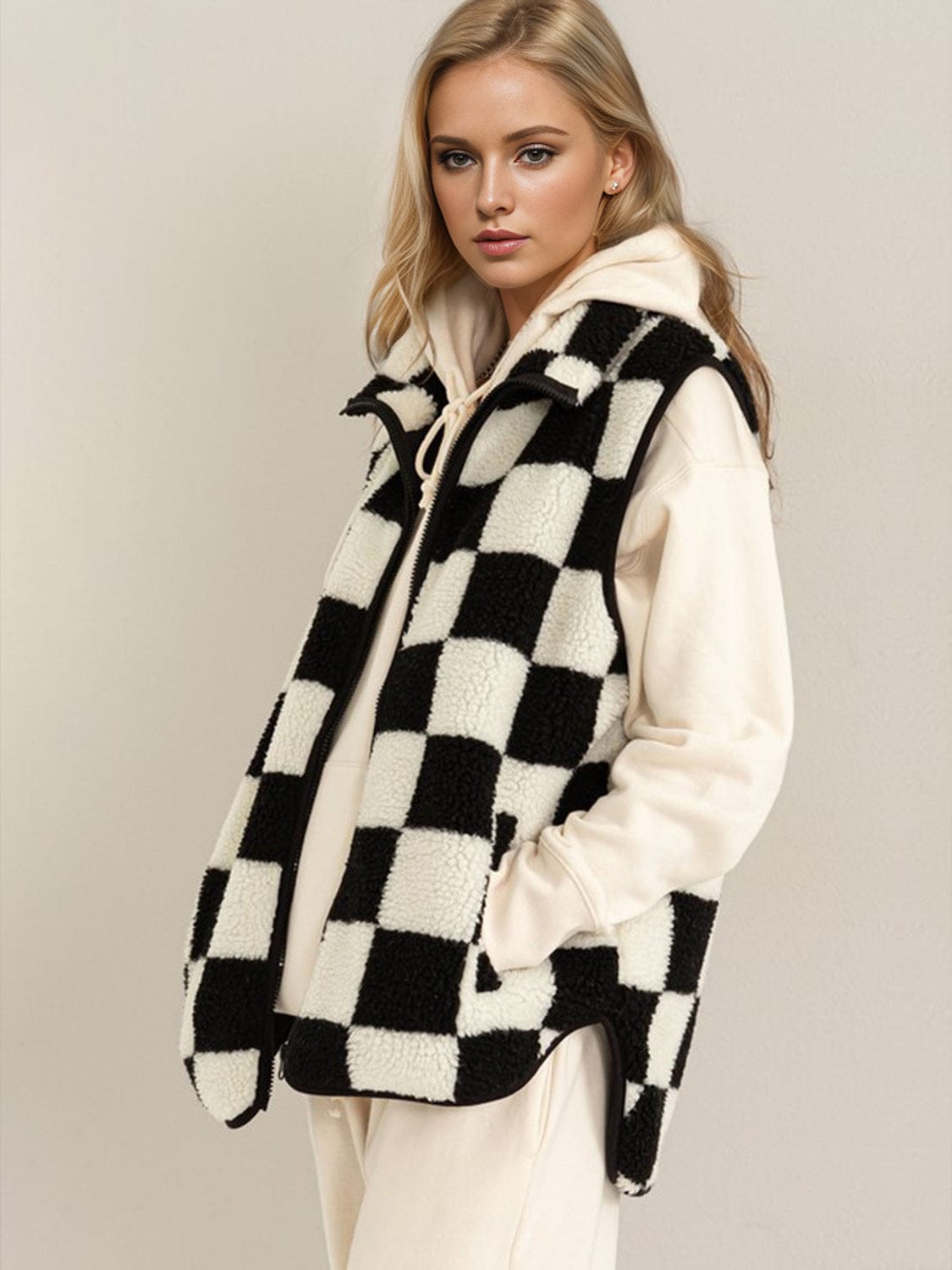 Double Take Full Size Zip Up Checkered Vest Cost - Trendsi