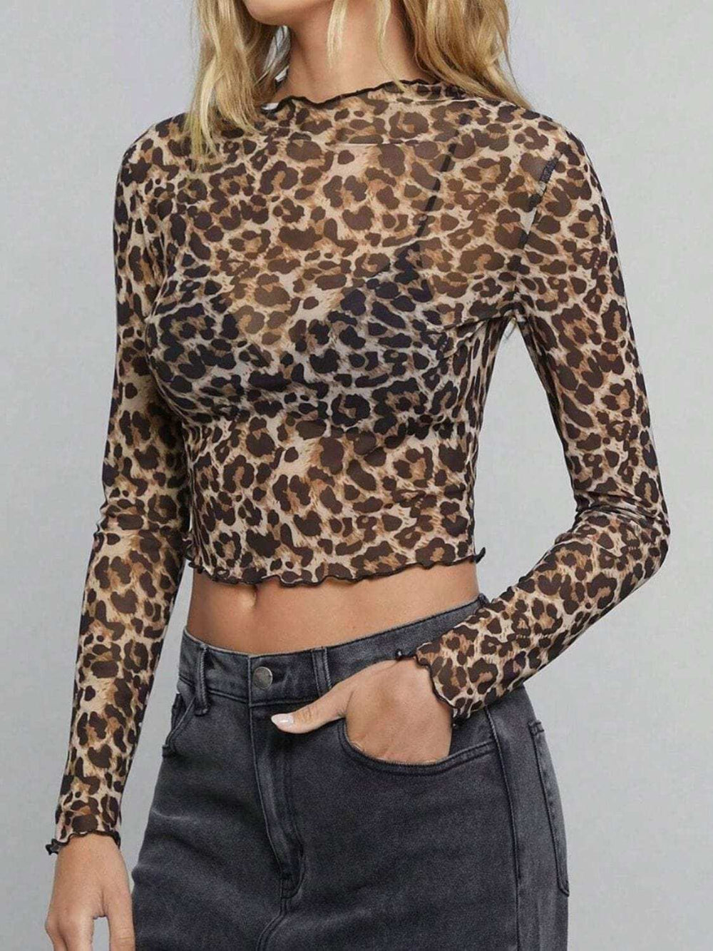 Leopard Mock Neck Long Sleeve Sheer Top - Trendsi - Flyclothing LLC