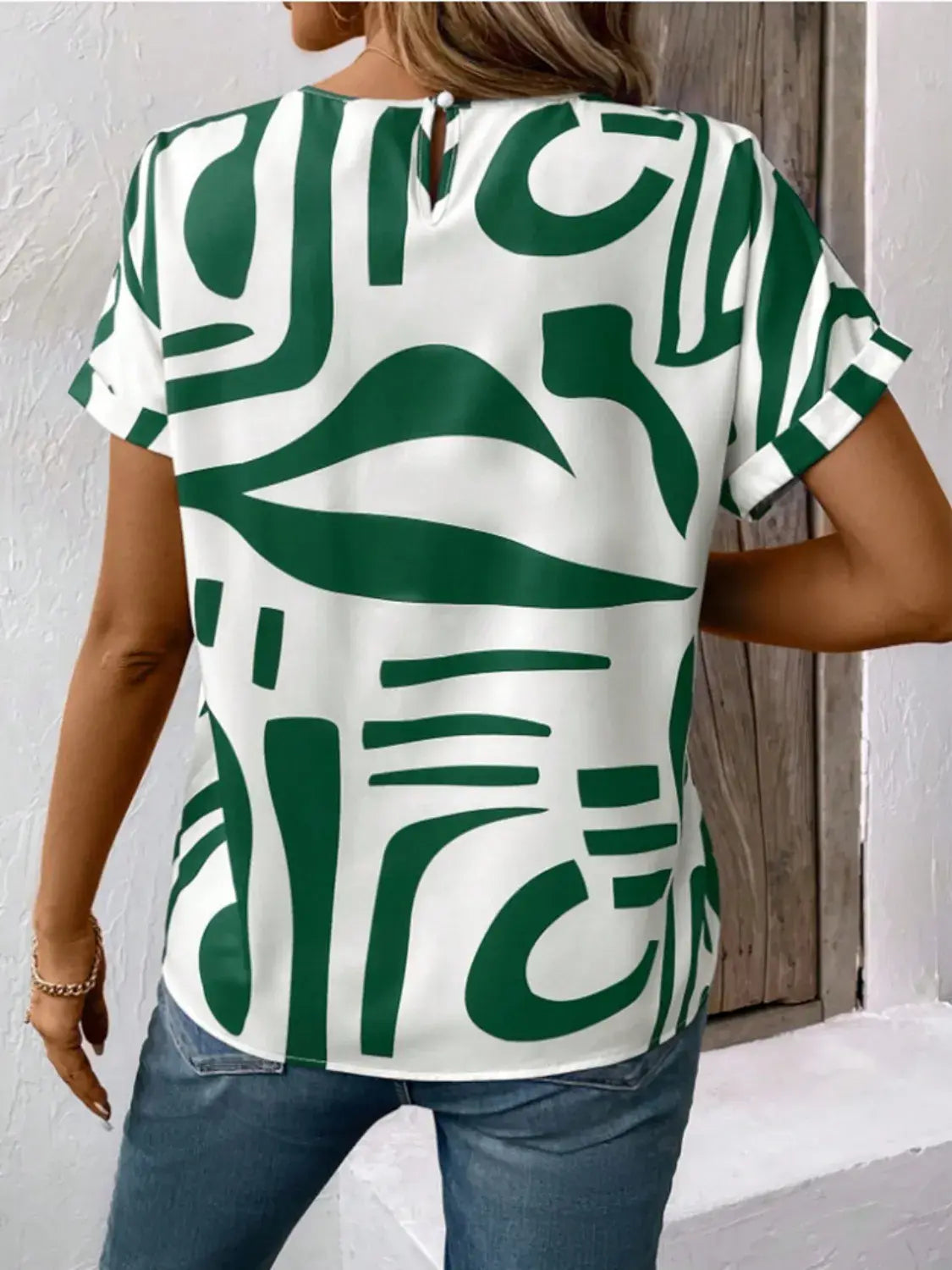 Contrast Round Neck Short Sleeve Blouse - Trendsi - Flyclothing LLC