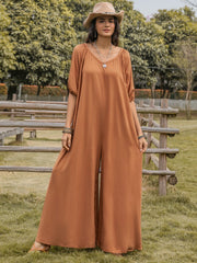 Scoop Neck Half Sleeve Wide Leg Jumpsuit - Trendsi