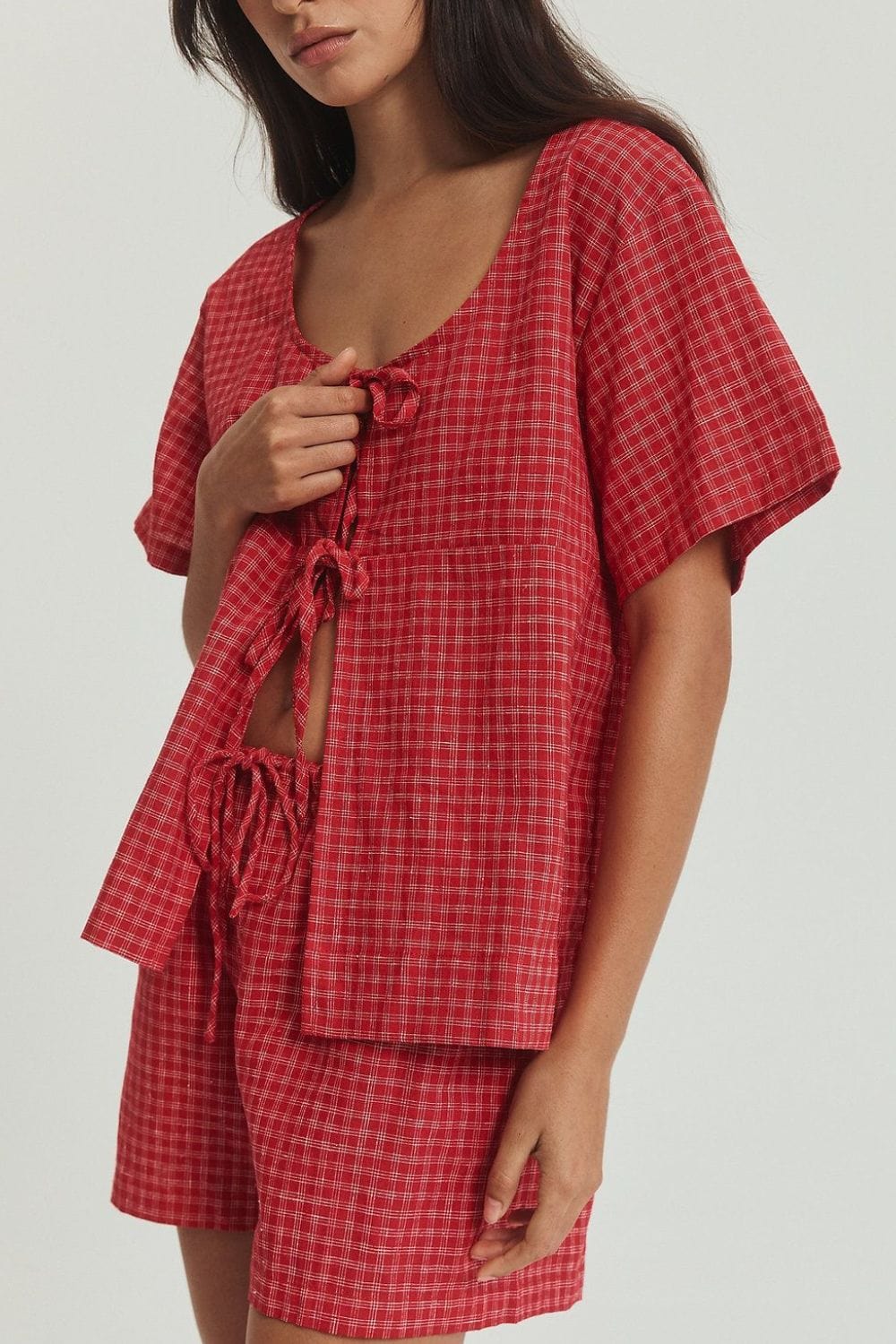 Plaid Tied Scoop Neck Short Sleeve Top and Drawstring Shorts Set - Trendsi