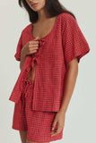 Plaid Tied Scoop Neck Short Sleeve Top and Drawstring Shorts Set - Trendsi - Flyclothing LLC