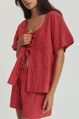 Plaid Tied Scoop Neck Short Sleeve Top and Drawstring Shorts Set - Trendsi