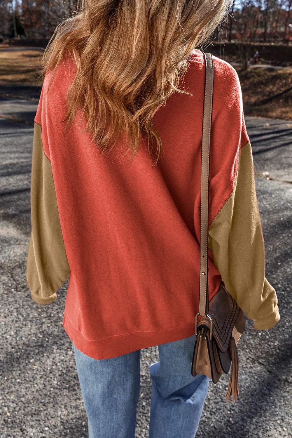 Contrast Round Neck Long Sleeve Sweatshirt - Trendsi - Flyclothing LLC