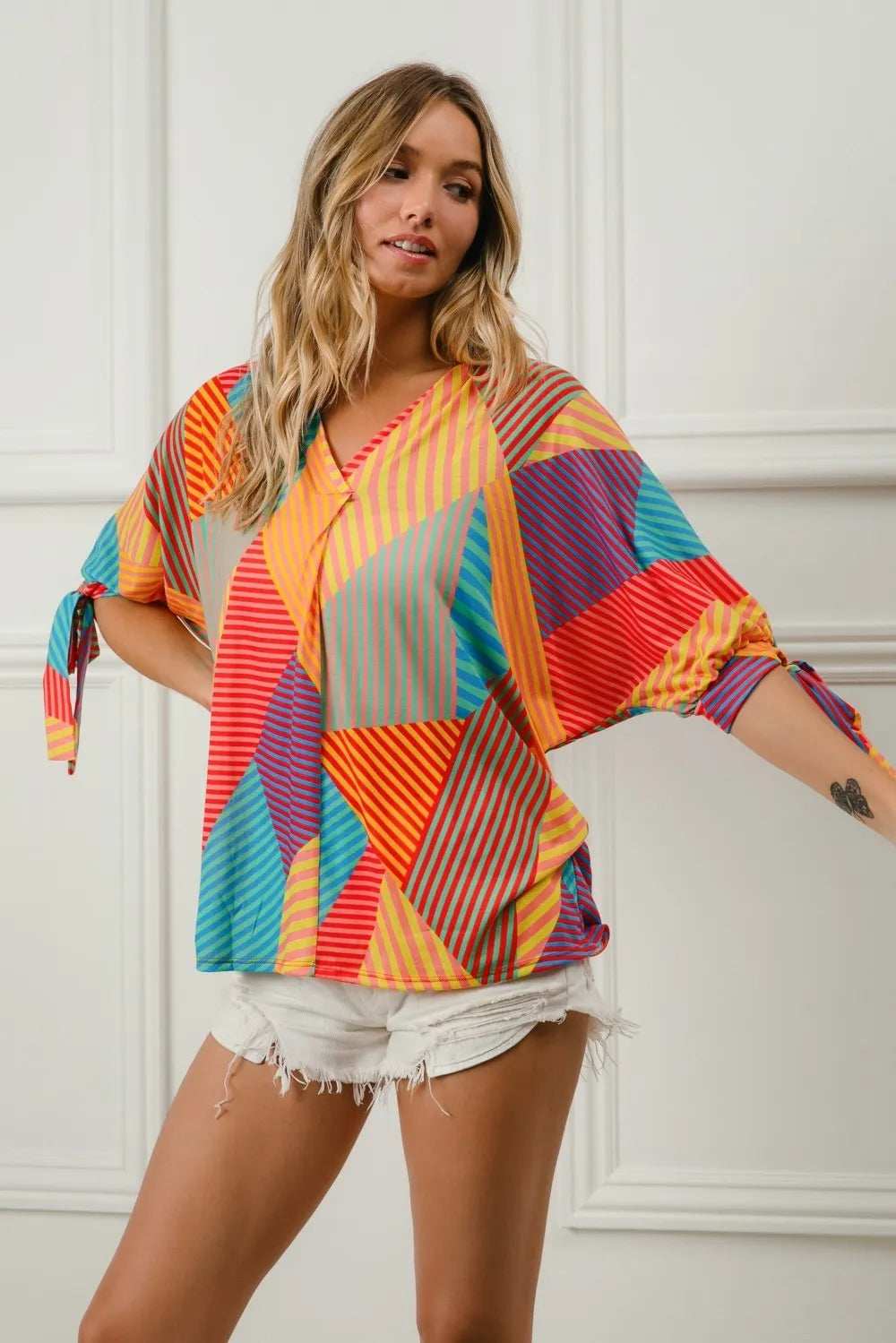 BiBi Multi Stripe Block Printed Jersey Blouse with Tied Sleeves - Trendsi - Flyclothing LLC