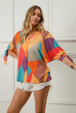 BiBi Multi Stripe Block Printed Jersey Blouse with Tied Sleeves - Trendsi - Flyclothing LLC