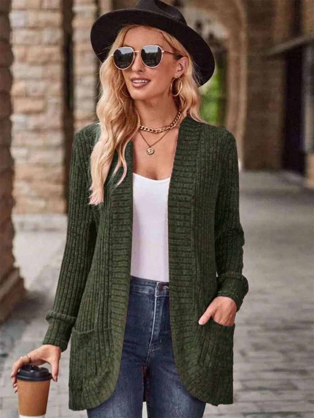 Ribbed Open Front Long Cardigan with Pockets - Trendsi - Flyclothing LLC