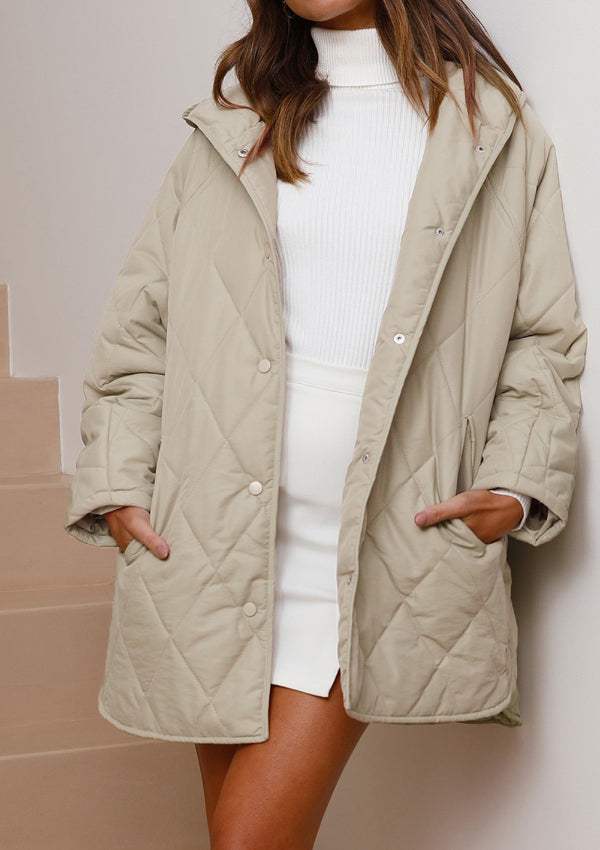 Snap Down Long Sleeve Quilted Winter Coat - Trendsi - Flyclothing LLC